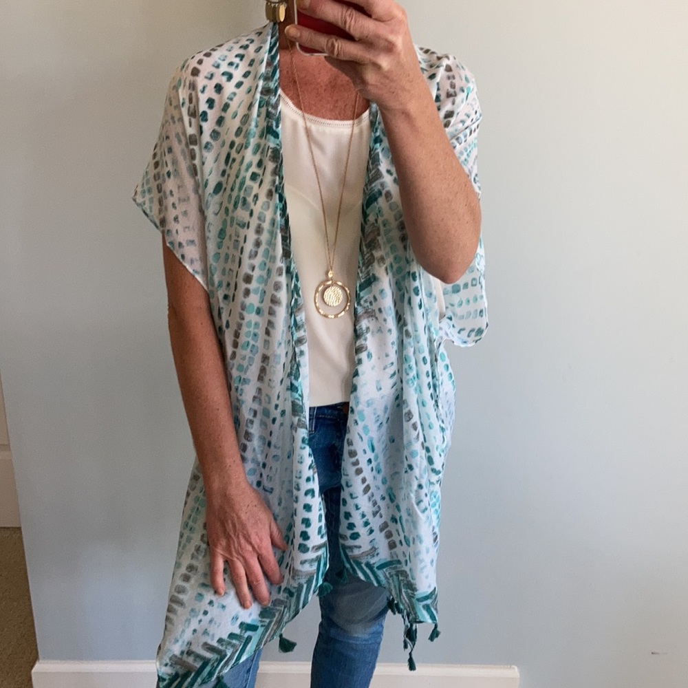 Teal Green Print Boho Kimono - Picture 2 of 7
